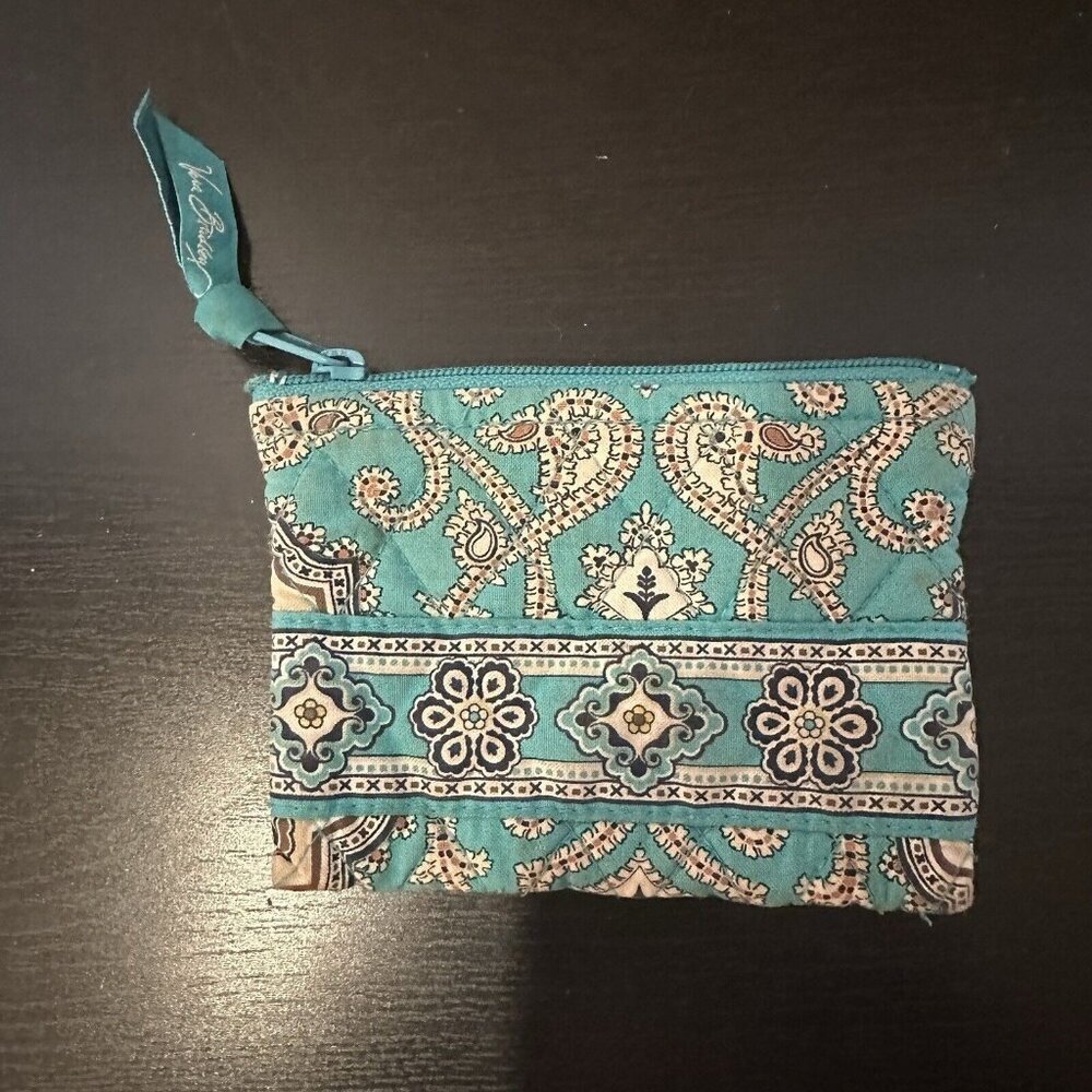 Vera Bradley TOTALLY TURQ COIN Purse Blue And Brown Zipper‎ Pouch Bag
